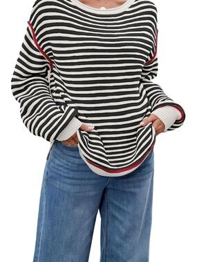 Striped Black & White Knit Sweater with Red Trim